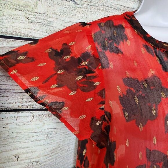 Maurices Red Semi-Sheer Floral Print Blouse Women’s M Short Sleeve Split Neck - Picture 2 of 7